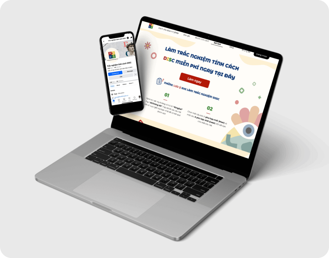 Laptop and smartphone displaying the https://tracnghiemtinhcach.vn/ website for a free DISC personality test.